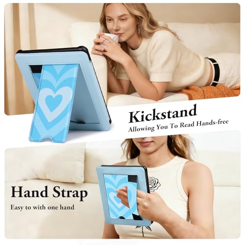 Image of CoBak Lightweight Stand Cute Case for 7 inch Kindle Paperwhite 12th Gen 2024 and Kindle Colorsoft with Right Hand Strap - Compatible with iPhone MagSafe, for Samsung /Anker Wireless Charging Pads