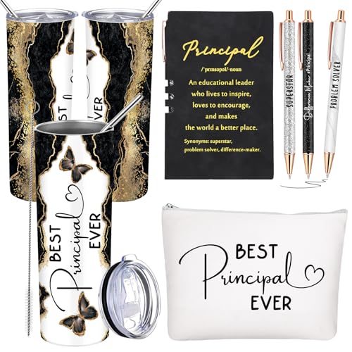 Domensi 6 Pcs End of The Year Gifts for Principal Thank You Gift 20oz Rustic Butterfly Marble Sign Tumbler Makeup Bag Journal for Assistant Principal School Office Birthday Retirement (White)