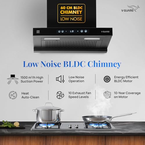 Image of V-Guard BLDC Chimney for Kitchen 60 cm | 1500 m /h Suction | Low Noise Operation | Free Installation Kit | Heat Auto Clean | Gesture Control with Touch Panel | V-Guard BT 60