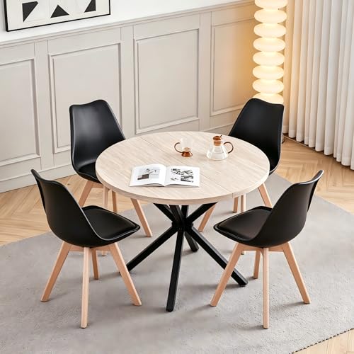 DEYARNA HOME Ensemble Salle à Manger, Table Ronde 100 cm avec 4 Chaises Scandinaves, Pieds en Hêtre Massif, Coussin en Similicuir, pour Cuisine, Salle à...