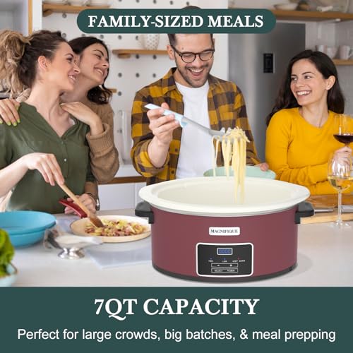 MAGNIFIQUE-7-Quart-Programmable-Slow-Cooker-with-Timer-Keep-Warm-Small-Kitchen-Appliance-for-Family-Dinners-Serves-6-People-Red-Shell-White-Ceramic-Liner
