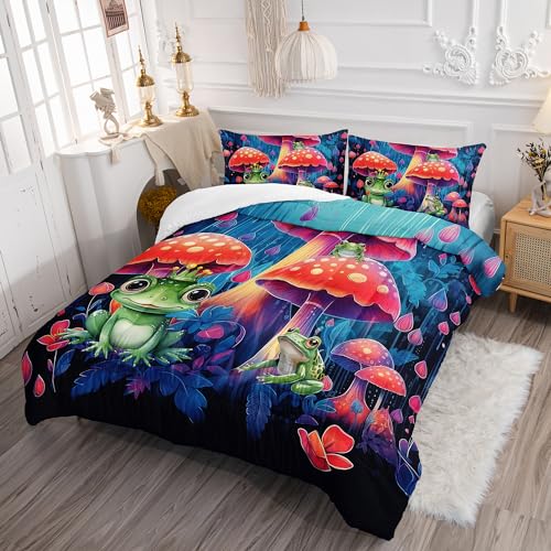Image of AILONEN Red Mushroom Comforter Set, Boys Girls Twin Size Bed in a Bag,Cute Cartoon Frog Print Bedding Nature Forest Wild Fungus Comforter Set 3 Pieces, 1 Quilt and 2 Pillowcases