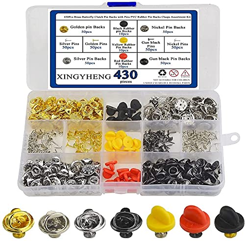 XINGYHENG 430PCS 11.5mm Butterfly Clutch Pin Backs Silvery Golden Nickel Black PVC Rubber Pin Backs Clasps Repalcement Kit with 10mm Tie Tacks Blank