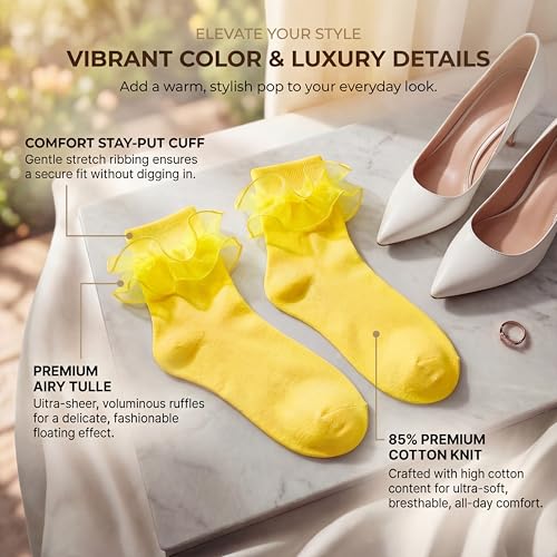 Image of Dicry Socks for Women, Big Ruffle Socks with Turn Cuff and Double Lace