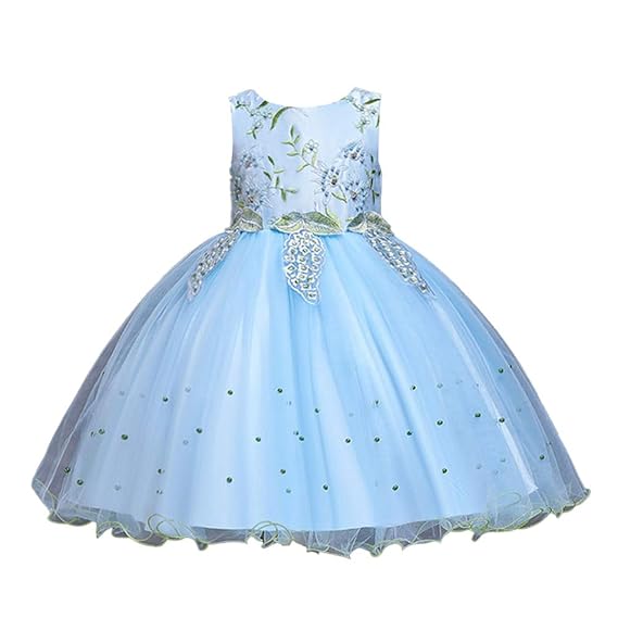 Hopscotch Girls Viscose and Polyester Sleeveless Floral Applique Party Dresses in Light Blue Color
