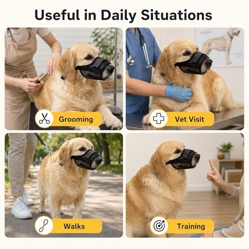 Image of Dog Muzzle, Breathable Mesh for Grooming & Nail Care, Black, L | Adjustable head and snout straps, quick-release buckle, soft padded edges