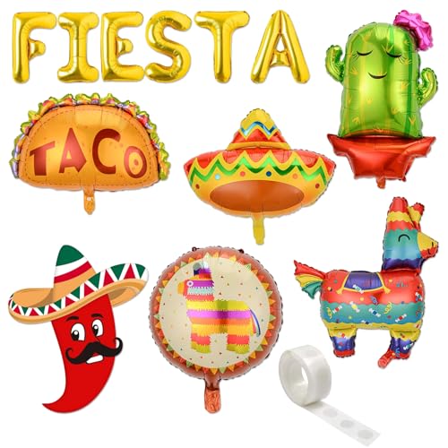 Decoración fiesta mexicana 6 globos aluminio + pancarta + cinta puntos, set colorido temática taco, reutilizable ideal cumpleaños y Cinco de Mayo para interiores o exteriores