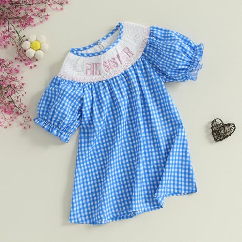 Toddler Girls Smocked Big Sister Dress Short Sleeve Plaid Letter Embroidery Bubble A-line Pink Bishop Dresses2
