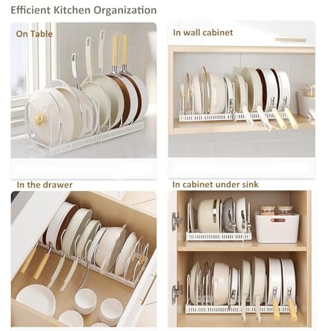 Expandable Pots and Pans Organizer Rack, Pot Lid Kitchen Cabinet Organizer Holder with 10 Adjustable Compartment, Cookware Rack for Kitchen Cabinet Storage, White