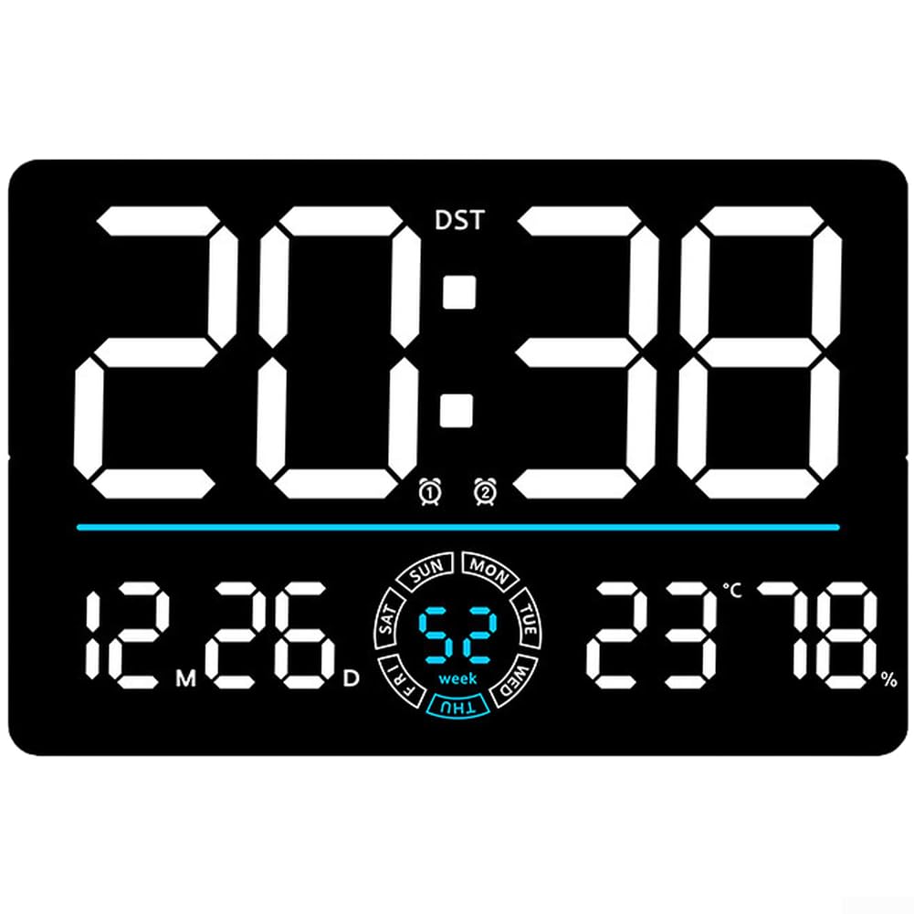 Moderno reloj de pared digital LED con ajuste automático inalámbrico, visualización de temperatura y calendario perpetuo, alarma de brillo ajustable para decoración de sala de estar y