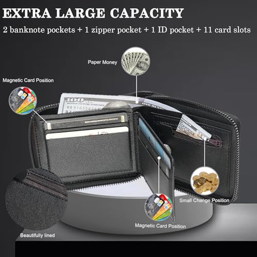 Men's Zipper Leather Wallet with Extra Capacity Flip Secure Coin Pocket Compartments with Multiple Card Slots （coffee）2