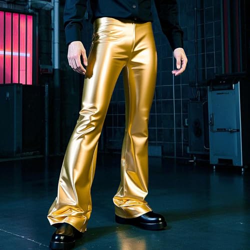 Men's Metallic Faux Leather Pants Trendy Shiny Nightclub Performance Bell Bottom Pants2