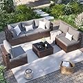 VONZOY Patio Furniture Set, 7 Pieces Outdoor Sectional Sofa, PE Wicker Backyard Conversation Set with Waterproof Cover & Coffee Table, Modular Outdoor Couch for Garden, Poolside (Brown/Grey Cushions)