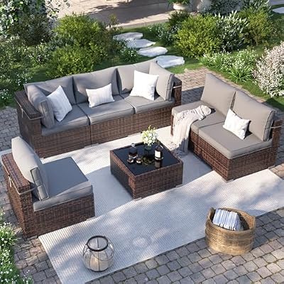 VONZOY Patio Furniture Set, 7 Pieces Outdoor Sectional Sofa, PE Wicker Backyard Conversation Set with Waterproof Cover & Coffee Table, Modular Outdoor Couch for Garden, Poolside (Brown/Grey Cushions)