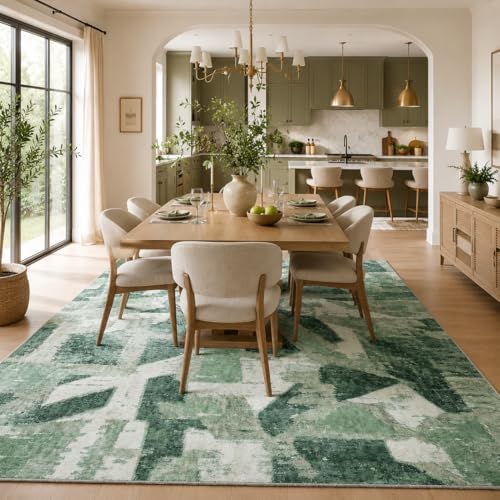Image of 8X10 Area Rugs for Living Room Bedroom,Modern Abstract Large Carpet Green Rug 8x10 for Dining Room Office,Non Slip Washable Print Faux Wool Thin 8 by 10 Indoor Nursery Kids Home Pet & Child Friendly