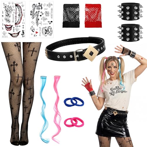 BTHRORO Quinn Disfraz Mujer, Suicida Guantes Peluca Cinturón Medias de Red Tatuaje Costume de Joker para Mujer Halloween Carnaval Cosplay