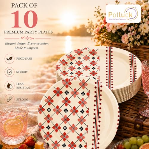 Image of Potluck Red Pattern Disposable Paper Plates, 9 Inch Food Grade Tableware for Parties, Events, Snacks & Meal Serving Pack