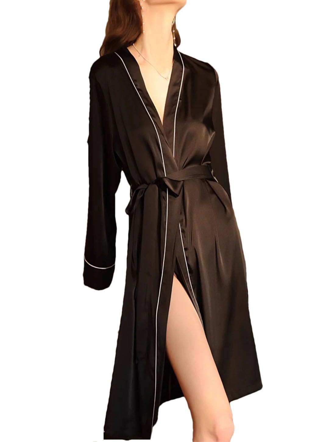 Women Silk Robe Bathrobe Solid Satin Nightgown Ladies Loose Casual Loungewear