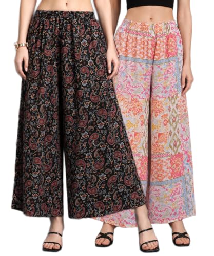 Image of Women Printed Palazzo Pants Combo Pack of 2, Comfortable Elastic Waist Lounge Pants for Women | Relaxed Fit, Loose Fitting Wide Leg Palazzo Pants, Casual Bottom (Available in S to 3XL Size)