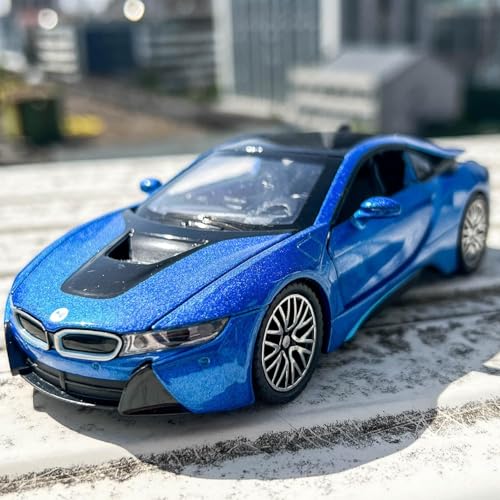Image of 1:32 BMW i8 Diecast Toy Car Pull Back Metal Car with Openable Doors Sound & Light Features Realistic Kids Gift & Collectible Model for Boys & Girls (Blue)