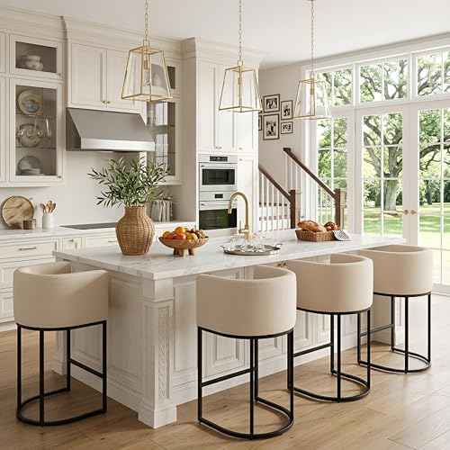 Image of HNY Modern Counter Height Linen Fabric Cream Upholstered Counter Stools Set of 4, 29 Inch Kitchen Island Stool with Black Tubular Frame