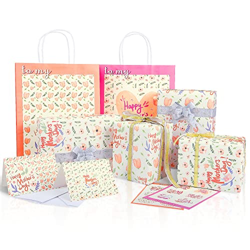 Larcenciel Gift Wrapping Paper For Mother's Day - Pink Flower Patterns Gift Wrap Set With Gift Bag, Gift Card And Gift Sticker For Best Mom Grandma, Pretty Holiday Happy Mother's Day Party Decorations #TOP12