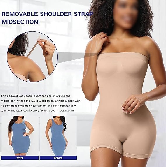 Image of Women's Seamless Tummy Control Shapewear Bodysuit with Adjustable Straps | Slimming Full Body Shaper with Shorts | Body Compression for Under Dresses (Pack of 2)