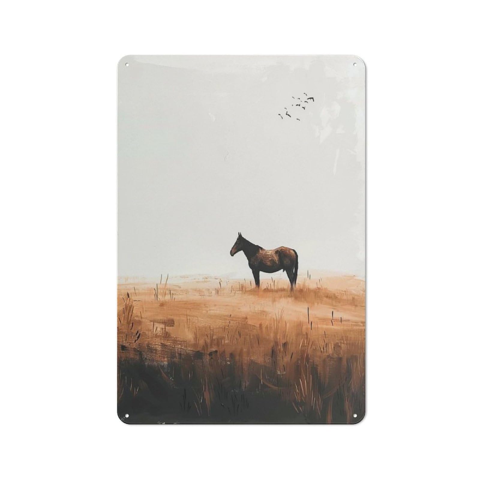 Metal Plaque 30x20cm with Lone Horse in Field for Garage Wall, Vintage Decor, Autumn Home Decor for Collectors of Metal Signs