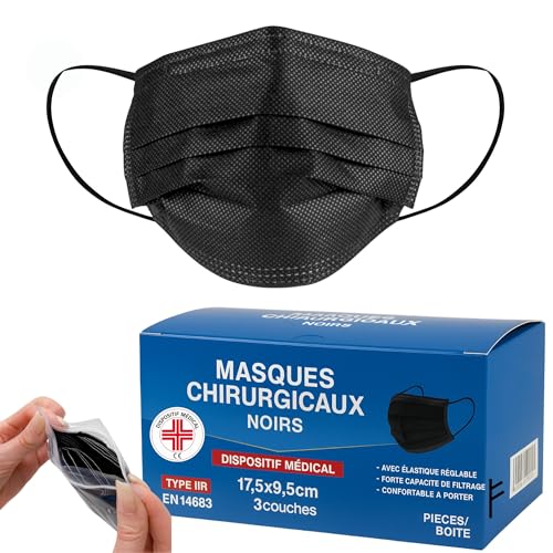 S&S Médical Lot de 100 Masques CHIRURGICAUX noir certifiés CE Type IIR BFE ≥ 98% DISPOSITIF...