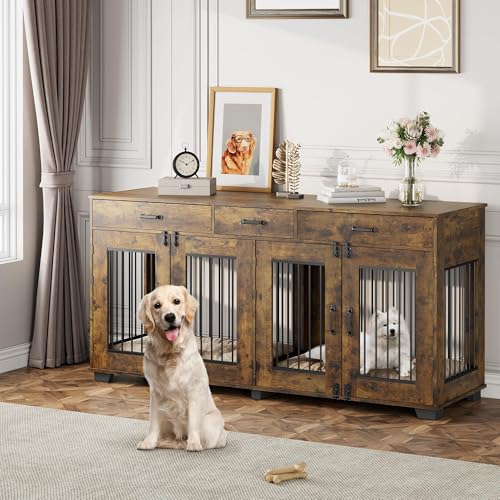 Dog Crate Furniture for 2 Dogs, 71'' XXL Indoor Dog Kennel with 3 Drawers and Removable Room Divider, Wooden Double Dog Crate TV Stand End Table with Double Doors for Large Medium Dogs, Rustic Brown