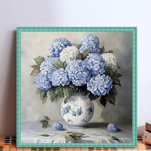 Image of KYOQFVN Flowers Stamped Cross Stitch Kits - Hydrangea Counted Cross Stitch Kits for Beginners, Needlepoint Cross-Stitch Patterns Embroidery Kits for Home Decor 14x14 Inch