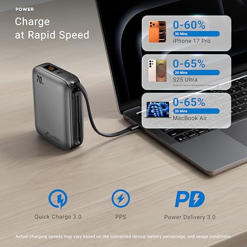 Image of URBN 20000mAh 70W Smallest Rapid Charging Nano Zap Power Bank with Inbuilt USB-C Cable | PD, QC & PPS Compatible | Dual Output Compact Power Bank for Laptop, Smartphone & Tablet