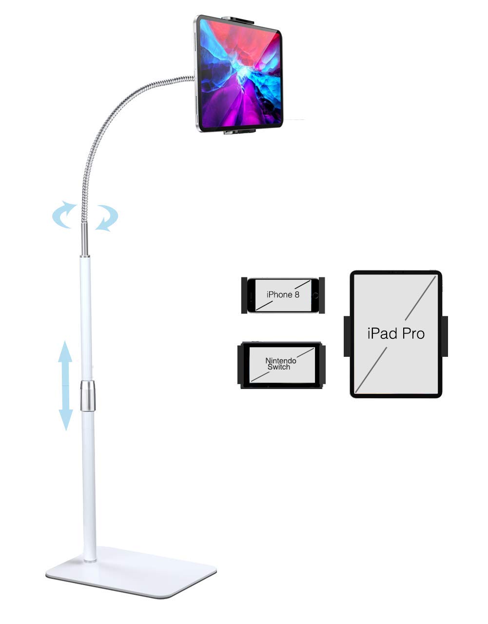 iHOMXGooseneck Tablet Floor Stand, 360 Degree Rotating Long Arm & Vertical Adjustable Tablet Stand Holder for 4"-12.9" Device, Cell Phone,iPad,Nintendo Switch, Samsung,eBook Reader (White)