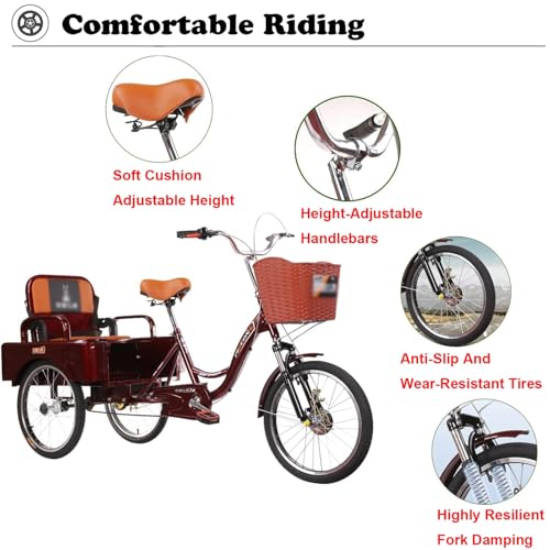 Triciclo para adultos con capacidad para pasajeros y carga, bicicleta de 3 ruedas de 20 pulgadas, triciclo ajustable en altura para hombres, mujeres y adultos mayores, ideal para ciclismo, salidas al aire libre y picnics (gris) miniatura 3