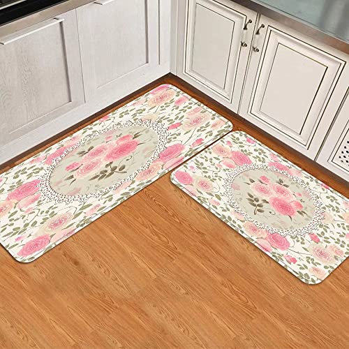 Vintage Floral Shabby Chic Roses Lace Frame Kitchen Rug Set 2 Piece Pink Flower Bouquet With Green Leave Comfort Floor Mats Washable Doormat Anti Fatigue Non-Slip Chef Runner Rugs Bedroom Area Carpet #TOP1