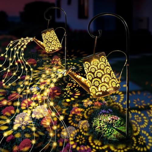 OUILA Solar Gießkanne Lichterkette, 2 Stück Solarlaterne für außen mit Schäferhaken, Solarlampen IP65 Wasserdicht, LED Lichterketten für Außen, Gartendeko, Hofweg, Blumenbeet