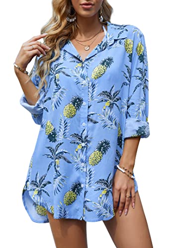 PrinStory Damen Badeanzug Cover Ups Button Down Beachwear Langarm Sommer Badeanzüge Strandshirt, Hellblau, Medium Cover