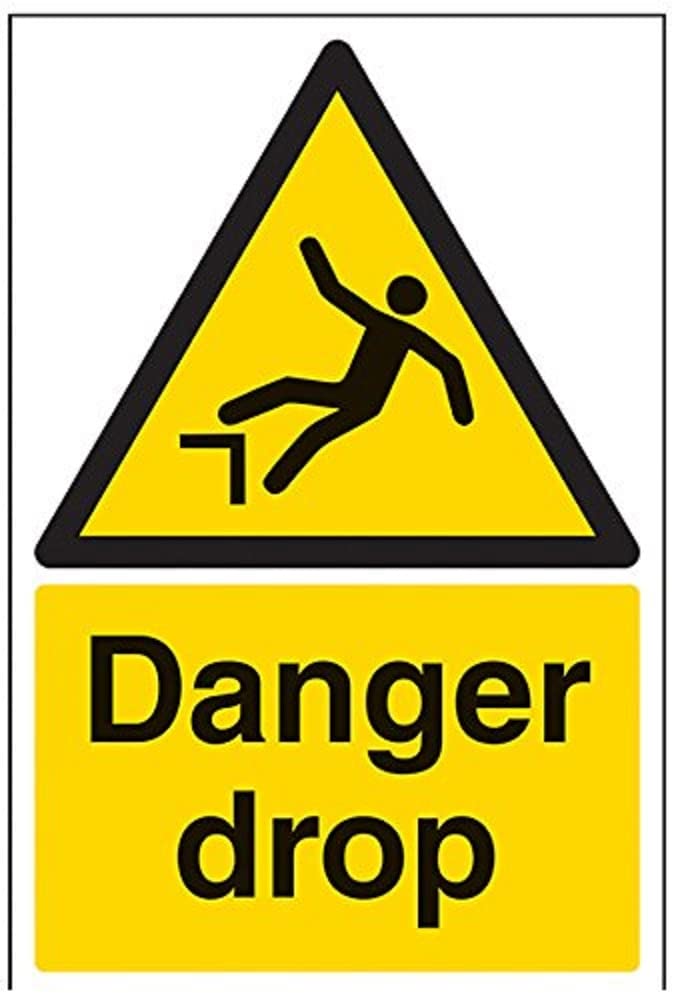 V Safety Danger Drop Warning Sign - 200mm x 300mm - 1mm Rigid Plastic