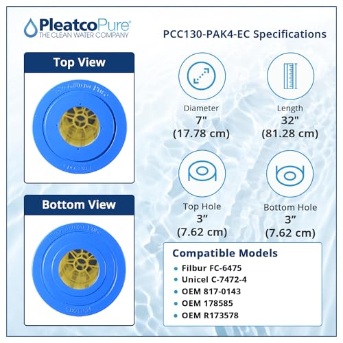 Pleatco PCC130-PAK4-EC Pool Filter Cartridge Replacement for Unicel: C-7472-4, Filbur: FC-6475, OEM Part Numbers: 817-0143, 178585, R173578, White