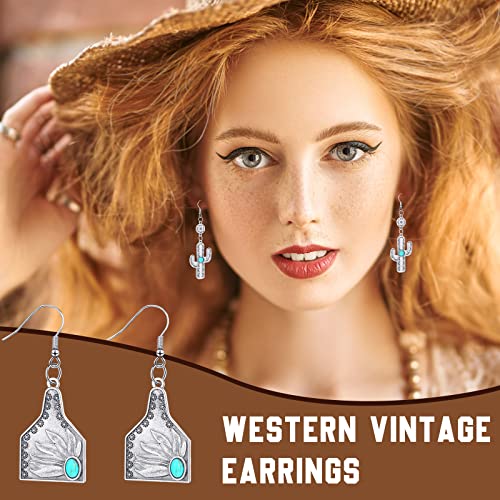 20 Pairs Western Earrings Jewelry for Women Cowgirl Cowboy Boho Vintage Handmade Cow Print Leather Wood Turquoise Teardrop Dangle Earrings Bulk Bohemian2