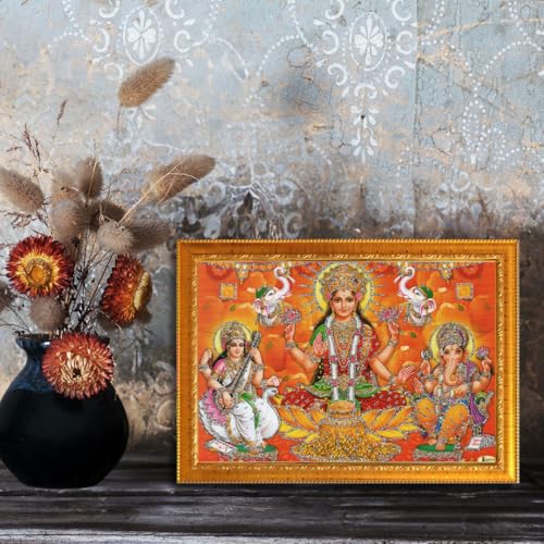 Image of CRAFT QUEST Lakshmi Devi with ganesh ji and saraswati mata Wall Painting Photo Frame for Diwali Pujan (Synthetic, Golden, Sparkle Finish, Small Size, 8 X 6 Inch)