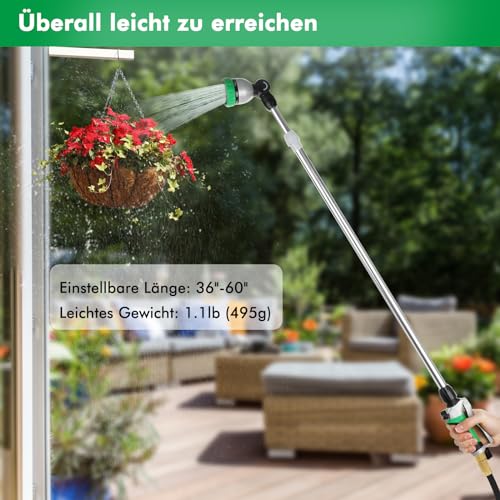 RESTMO Telescopische spuitlans, 95-155 cm lange gietlans | 180 ° verstelbare ratelkop | 7 spuitpatronen verlengslang toverstaf, perfect tuinspuitpistool voor waterhangende manden, struiken - Afbeelding 5
