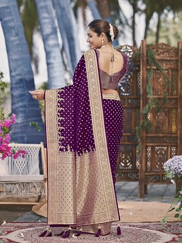 Image of MANOHARI Women's Trendy Banarasi Satin Silk Woven Saree with Heavy Jacquard Work, Elegant Design, Silk Saree with Maching Lace Border Unstitched Blouse Piece for Weddings & Festive Occasions