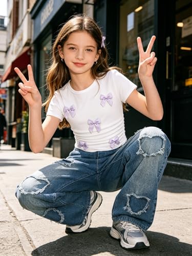 Image of Size 7-14 Years Girls 2 Piece Outfits Bow Short-Sleeved Top and Jeans Pants Clothing Set