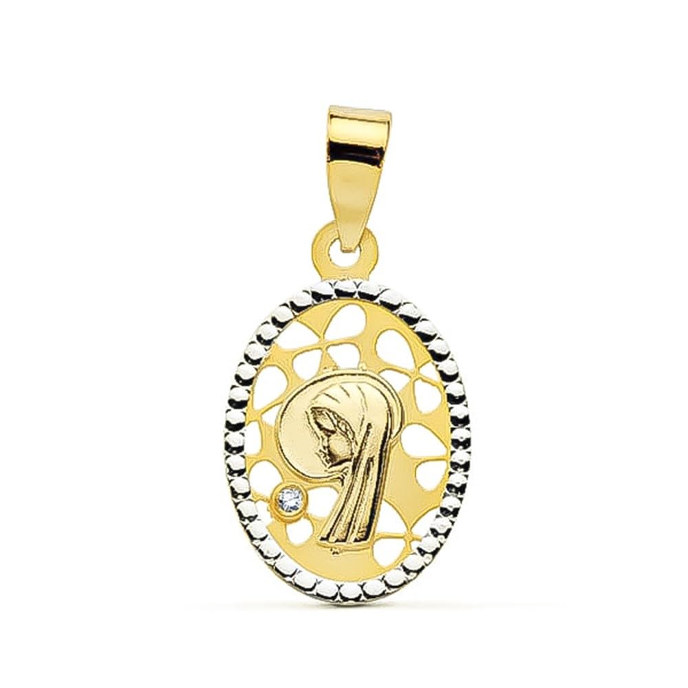 Vierge Médaille de première communion bicolore en or 9 carats pour fille de 16 mm avec zircone cubique ajourée