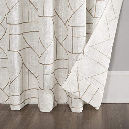 Archaeo Fragmented Geometric Embroidery Mid-Century Modern Natural Linen Blend Curtain, 50" x 108", Mocha/Linen - Image 4