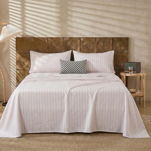 Image of Merryword Classic Striped Sheet Set King Size, 100% Cotton Bedding Sheet 4 Pieces, Soft Breathable Percale Weave, Deep Pocket Sheet 17.5 inch, Luxury Linen Like, Farmhouse Style