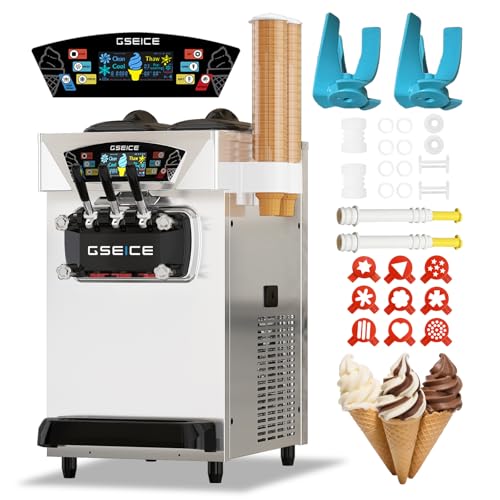GSEICE Commercial Ice Cream Machine, 5.8–7.4 Gal/H, 2+1 Flavors Soft