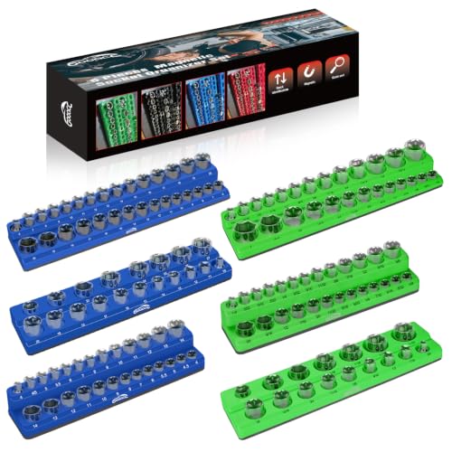 Image of GOOACC 6 PCS Magnetic Socket Organizer, Heavy Duty Socket Organizer Tray 1 /4 inch 3 /8 inch 1 /2 inch SAE & Metric Drive Sockets Holds 143 Magnetic Socket Holder for Tool Box Drawer Chest Garage Storage, Blue&Green