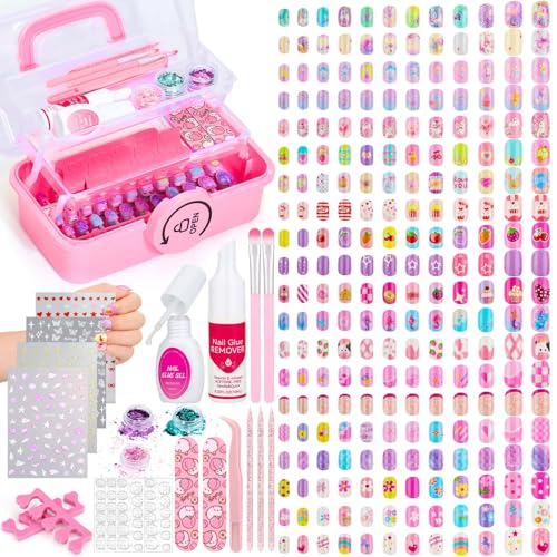 480 Pcs Kids Nails and Glue Girls Press ons Nail Art Kit with Storage Case Fake Nails Adhesive Remover Stickers Glitter Cute Stuff Gift for Girls 8-12